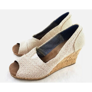Toms Beige Peep Toe Sandals Wedge Heels Shoes Women's 8.5